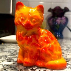 Mosser glass pumpkin orange slag cat figurine GLOWS!